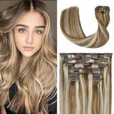 Clip In Extensions Real Human Hair Balayage Light Brown to Bleach Blonde High...
