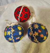 3 Vtg Fabric Ball Christmas Ornament Blue Red- X108