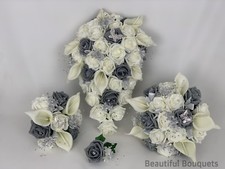 Wedding Flowers Ivory Rose Grey Posy Bouquet Bride, Bridesmaid, Flower-Girl Wand