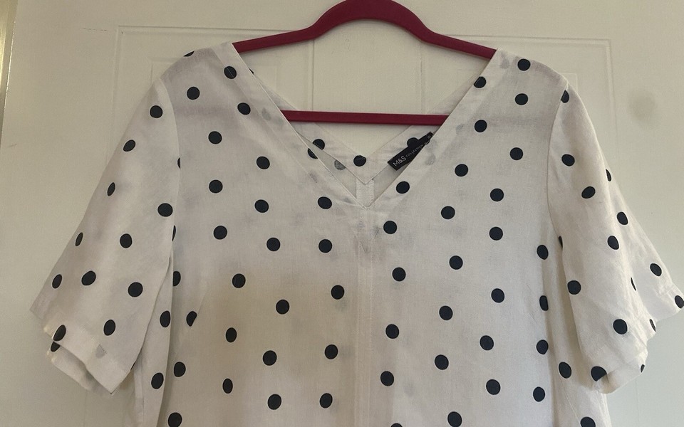 M&S White Spotty Navy Linen Blend Dress Size 16 Short Sleeves Pockets