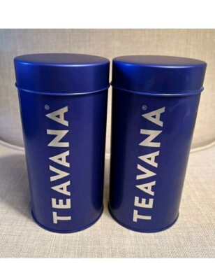   2 BLUE TEAVANA 8OZ TEA TINS   PACK OF 2! GENTLY USED. FOOD STORAGE TINS  