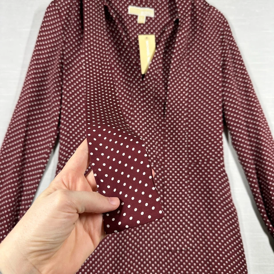 Vestido Michael Kors Mujer 4 Rojo Lunares Elegante Cuello Pajarita Borgoña Seda Modesto Foto 4 de 4