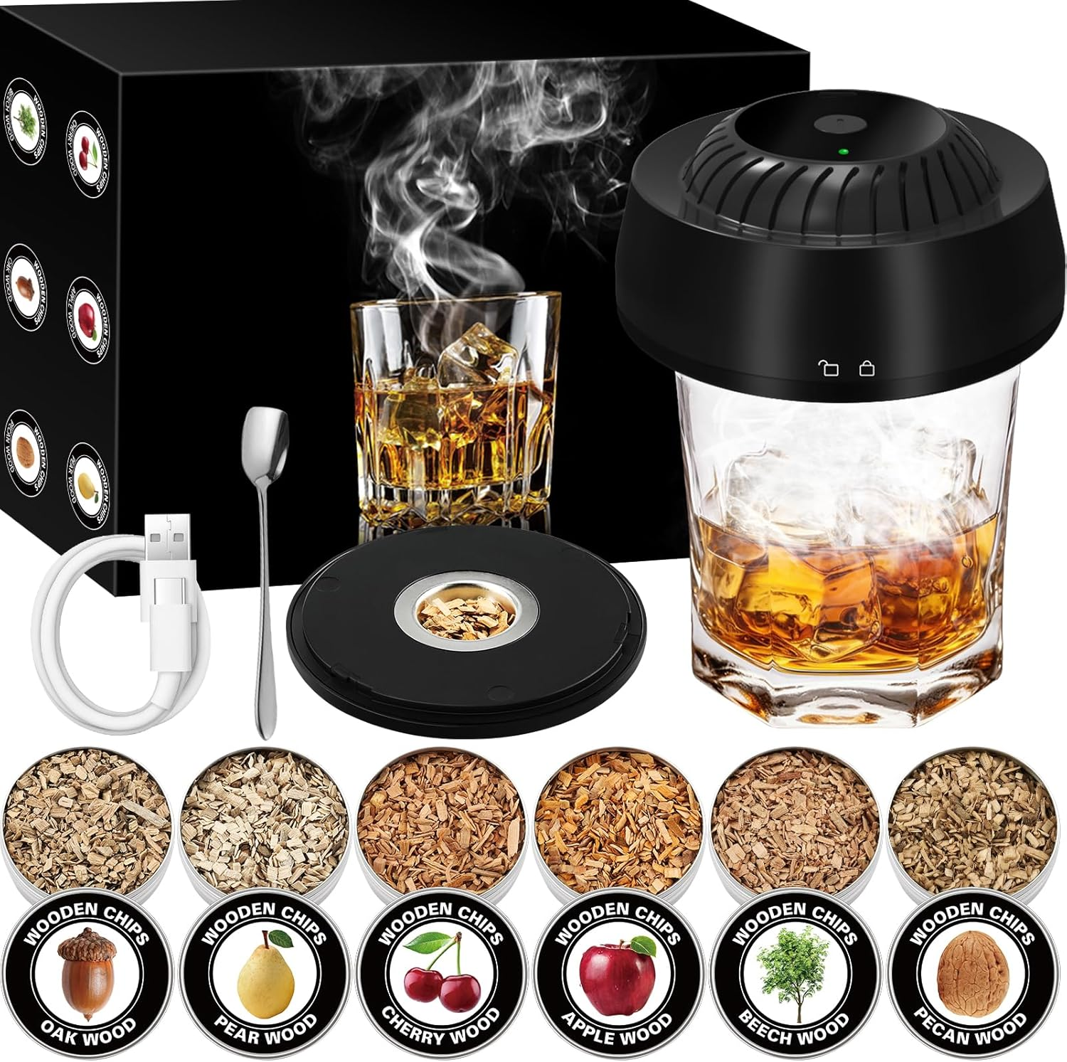 Electric Whiskey & Cocktail Smoker Kit with 6 Wood Chips