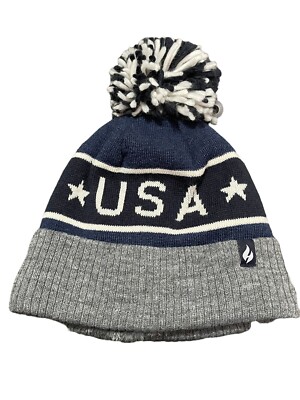 USA Heat Holders winter hat pom Beanie Blue Gray White Unisex One Size