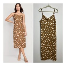 Old Navy Women's Medium Brown Cream Print Cowl Neck Satin Midi Slip Dress