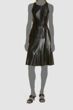 $440 Alice + Olivia Womens Black Faux Leather Leandra Belted A-Line Dress Size 0