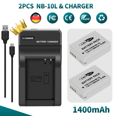 2× 1400mAh NB-10L Akku Für Canon PowerShot G1X G3X G15 SX40HS SX50 & Ladegerät