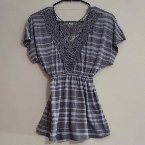 Mossimo Damen Gr. XS Strick Häkel Rücken Grau Streifen Cinch Taille Boho Top - Bild 3 von 5