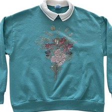 VTG 90s Jerzees Grandma Field Mouse Fall Blue Collared Sweatshirt size L USA