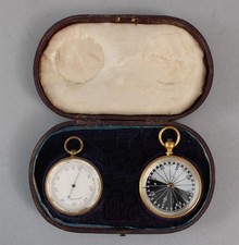 19thC Antique Cased Travel Barometer & Singers Patent Compass, WORKING, NR