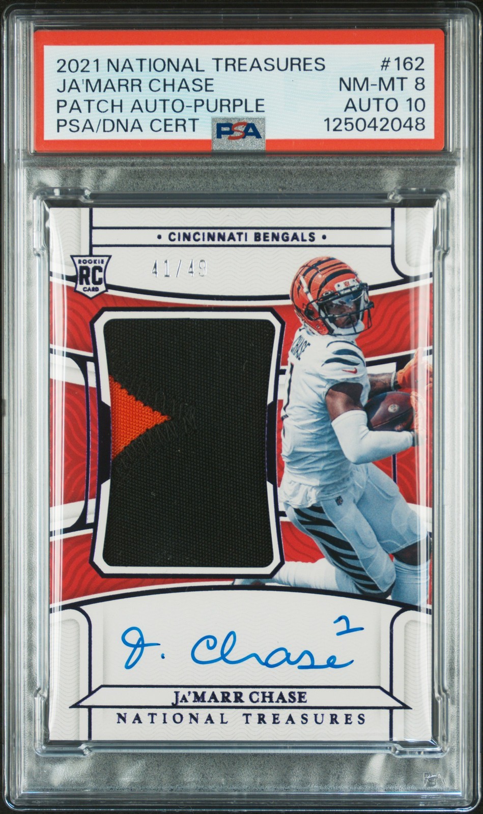 2021 NATIONAL TREASURES PATCH AUTO-PURPLE #162 JA'MARR CHASE 41/49 PSA 8 AUTO 10