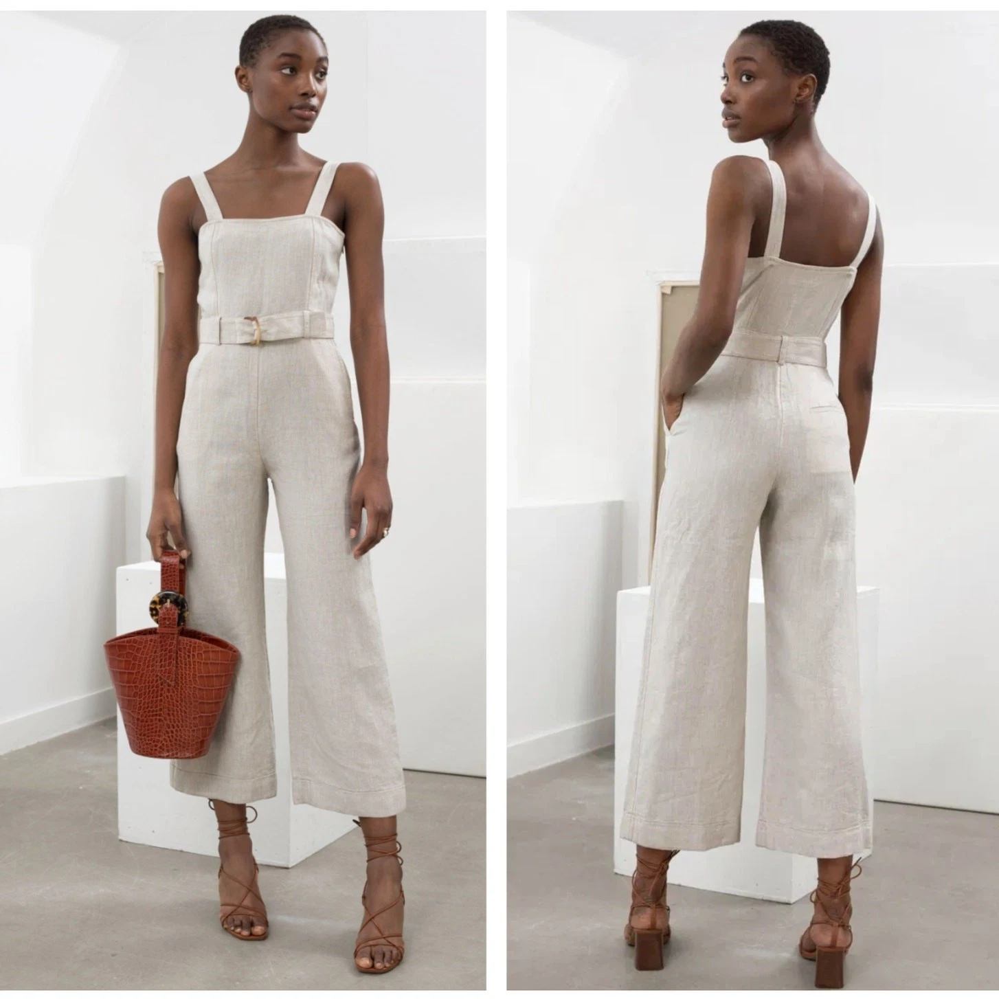 & OTHER STORIES Wide Leg Linen Jumpsuit Natural Cream Sz 6 $168 {3R30}