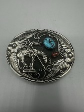 Vtg SSI 88 Native American Turquoise Coral Indian Belt Buckle USA Navajo Horse