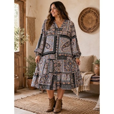 Boho Cottagecore Summer Patchwork Floral Paisley Balloon Sleeve 2X Midi Dress