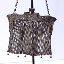 Antique Art Nouveau Deco G-Silver Mesh Purse Handbag Victorian Chain