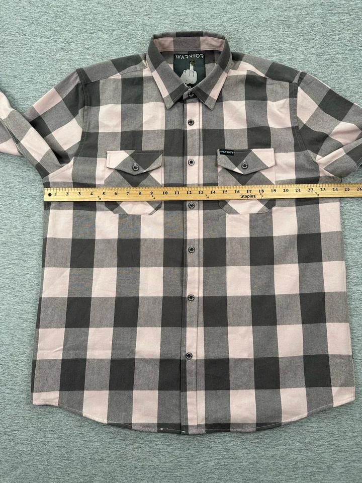 Warrior Flannel Shirt Mens XL Pink Gray Plaid Middle Finger Button Down Long Slv - Image 4 of 4