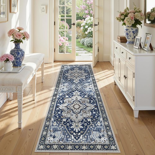 2x6 Washable Navy Blue Boho Runner Rug with Non-Slip Backing - Low Pile Farmh...