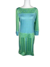 Gretchen Scott Border Jersey Shift Dress Large Kanga Forpe Print Blue Green