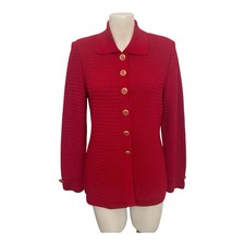 St. John Cable Santana Knit Red Blazer Signature Logo Buttons Gold 4