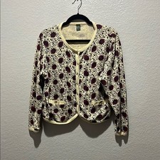Vintage Outback Red Women's Cream Floral Button Down Cardigan Long Sleeve Sz L