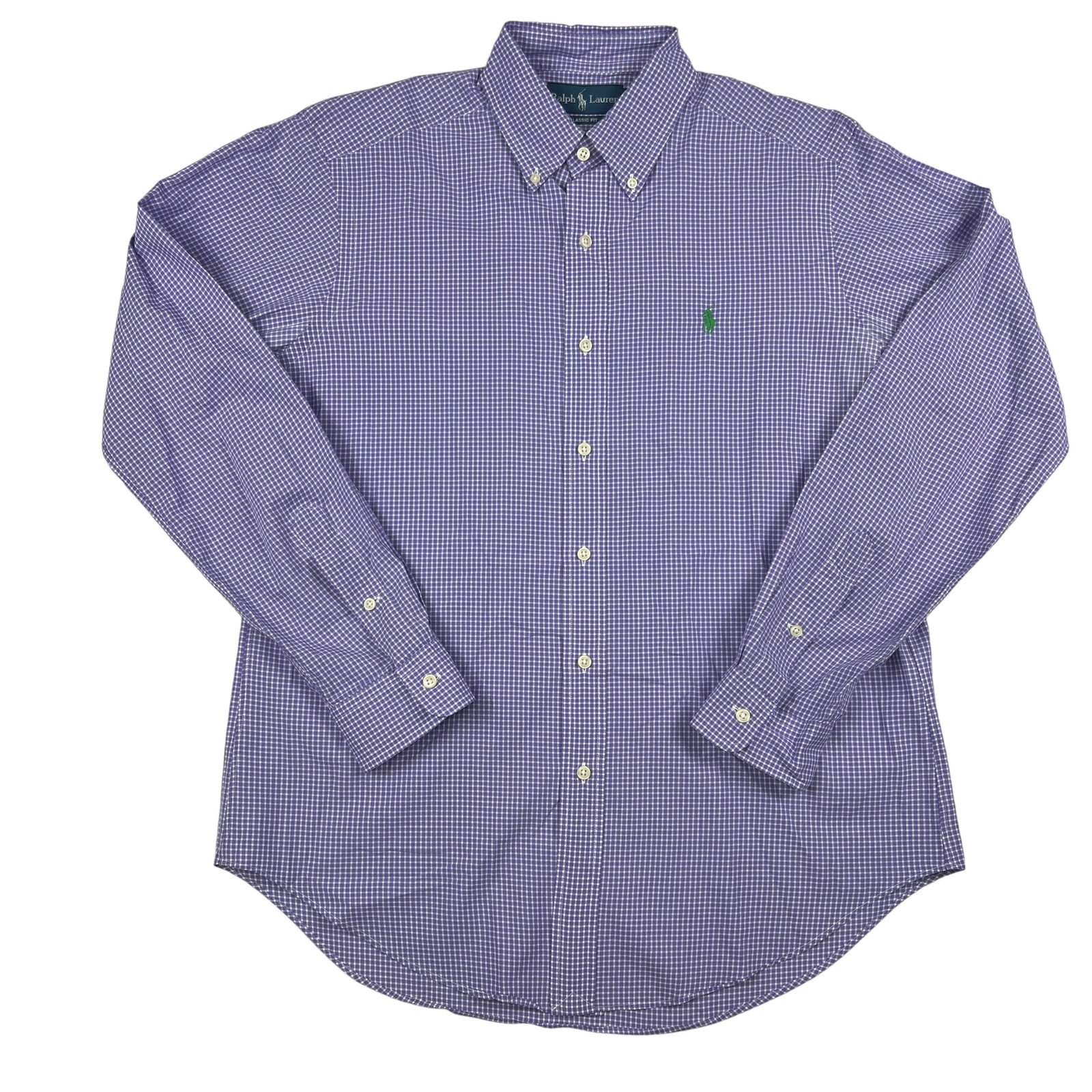 Ralph Lauren Shirt Mens Medium Classic Fit Purple Gingham Long Sleeve Polo Vtg