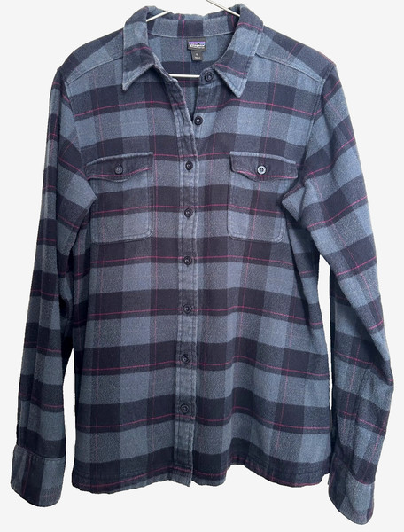 PATAGONIA Women's Fjord Flannel Shirt, Organic Cotton, Size 12, Blue Plaid EUC