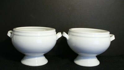 Crate & Barrel White Footed French Onion Soup Bowls W/Handles - 2