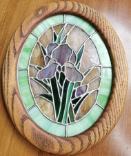 Vintage Stained Glass Floral Iris Oval Framed Wall Hanging Art Sun Catcher