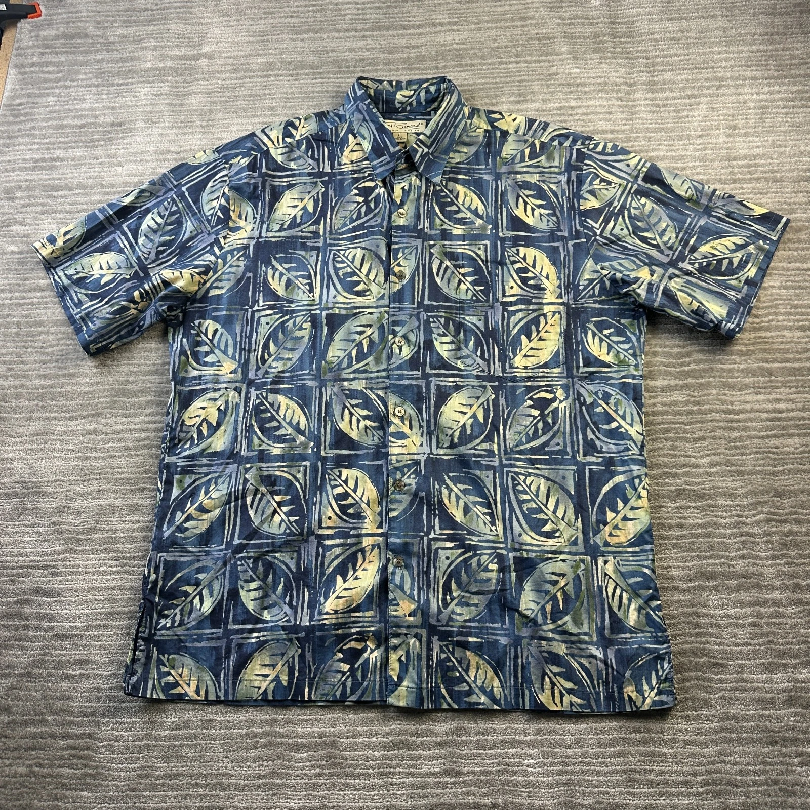 Tori Richard Shirt Mens Large Blue Green Palms Geometric Button Up