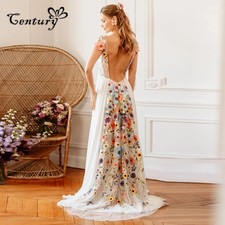Colorful Embroidered Wedding Dresses Women Backless Flowers Floral Bridal Gowns