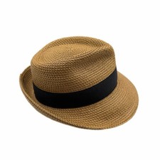 Eric Javits NWT OS Squishee Classic UPF 50 Woven Tan  Black Straw Fedora Hat