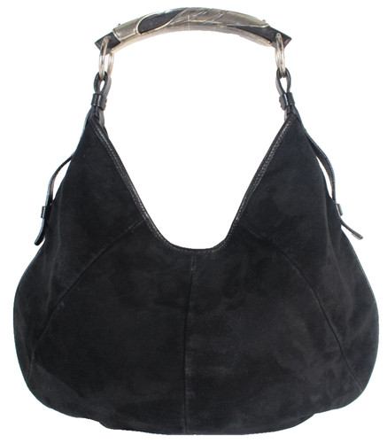 YVES SAINT LAURENT Black Suede Silver Logo Horn Handle MOMBASA Shoulder Bag