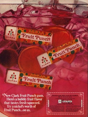 1967 Clark Fruit Punch Gum Print Ad   Full Page Candy Wrapper Bubbles Pink Ice
