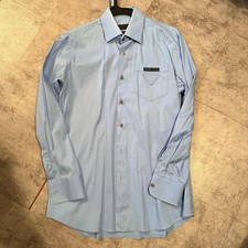 USED PRADA TRIANGLE LOGO DRESS SHIRT, LIGHT BLUE, SIZE 38 GOOD