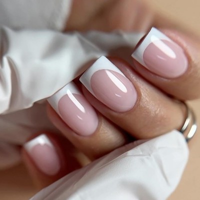 LOPMNGHT White French Tip Press on Nails Short Square False Nails Nude Pink C...