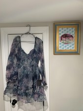 Lulus Dress Womens Medium Blue Floral Chiffon Sweetheart Ruffle Long Sleeve Mini