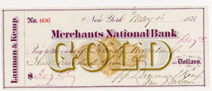 1874.   New York.  Merchants National Bank.  Payable in Gold. Alexander Hamilton