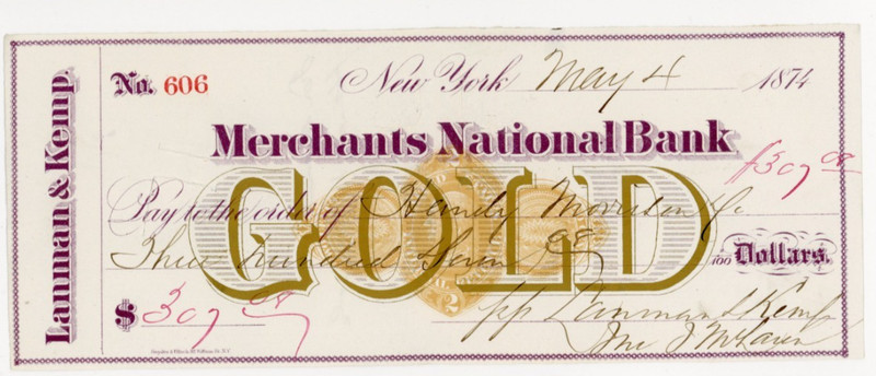 1874.   New York.  Merchants National Bank.  Payable in Gold. Alexander Hamilton