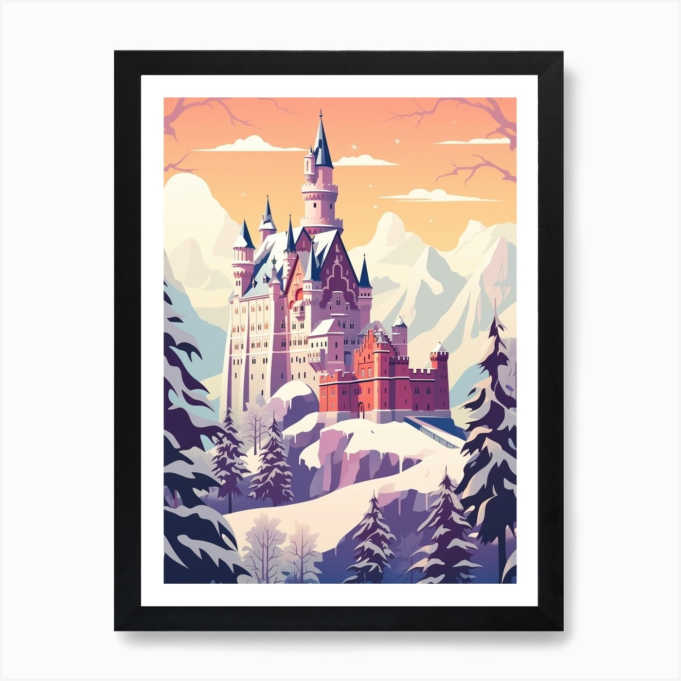 Vintage Winter Travel Illustration  Framed Wall Art Poster Canvas Print Picture