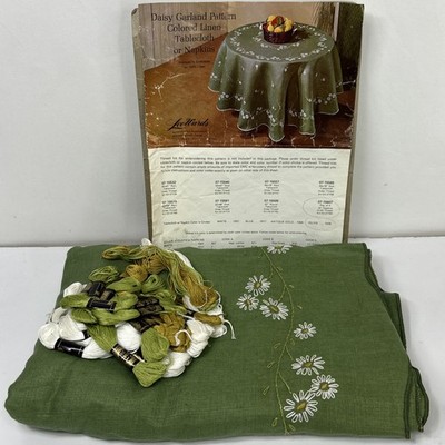Vtg Lee Wards Tablecloth Rectangle Daisy Garland Linen Olive 50 X 67 Scalloped