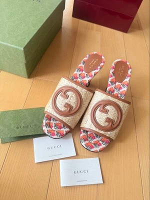 Gucci GG Raffia Floral Slide Sandals Mules Beige 749738 Size 40.5 USE Auth