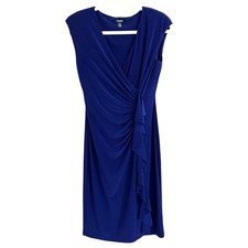 Chaps Blue Stretch Faux Wrap Sheath Dress with Ruched Draping Ruffle Size S