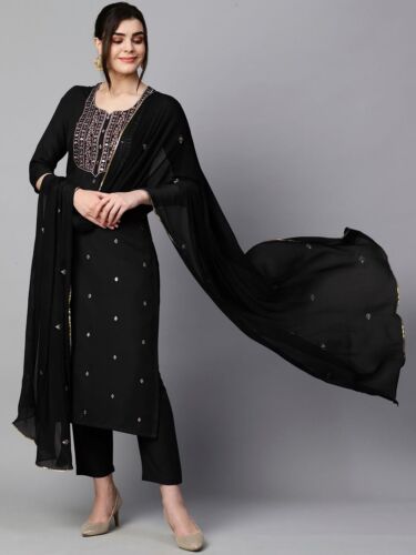 Women's Cotton Blend Embroidered Straight Kurta with Pant & Dupatta - Picture 3 of 7