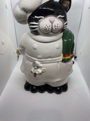 Vintage Ceramic Black Cat Chef with Mouse & Spoon Cookie Jar Kitty Cooking - 第 7/10 張圖片