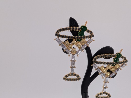 Gold Tone Large Multicolor Glass Rhinestone Cocktail Drink Pierced Earrings - Picture 4 of 9
