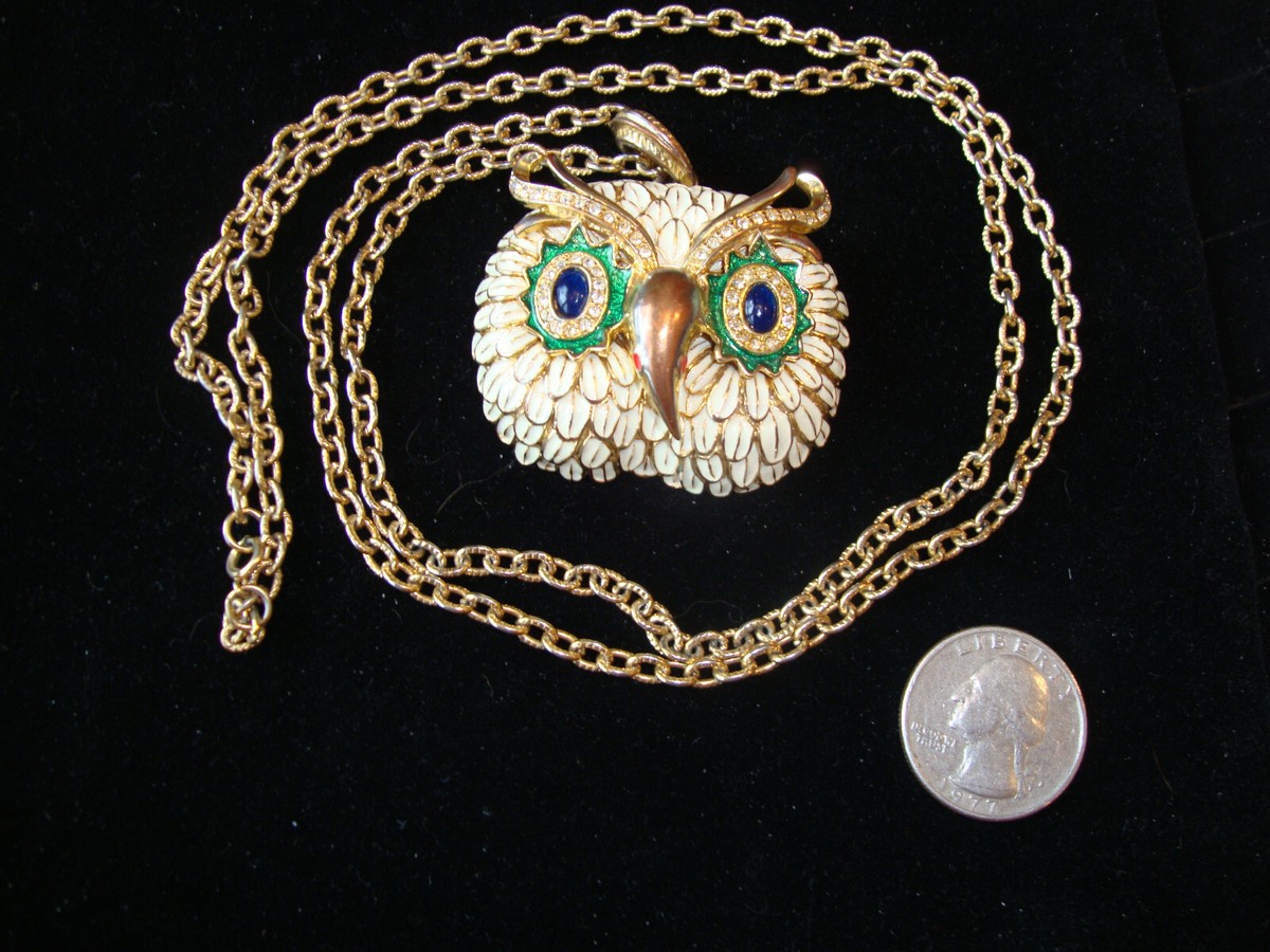 Vtg Signed KJL Kenneth Lane White Enamel Owl Head Pendant
