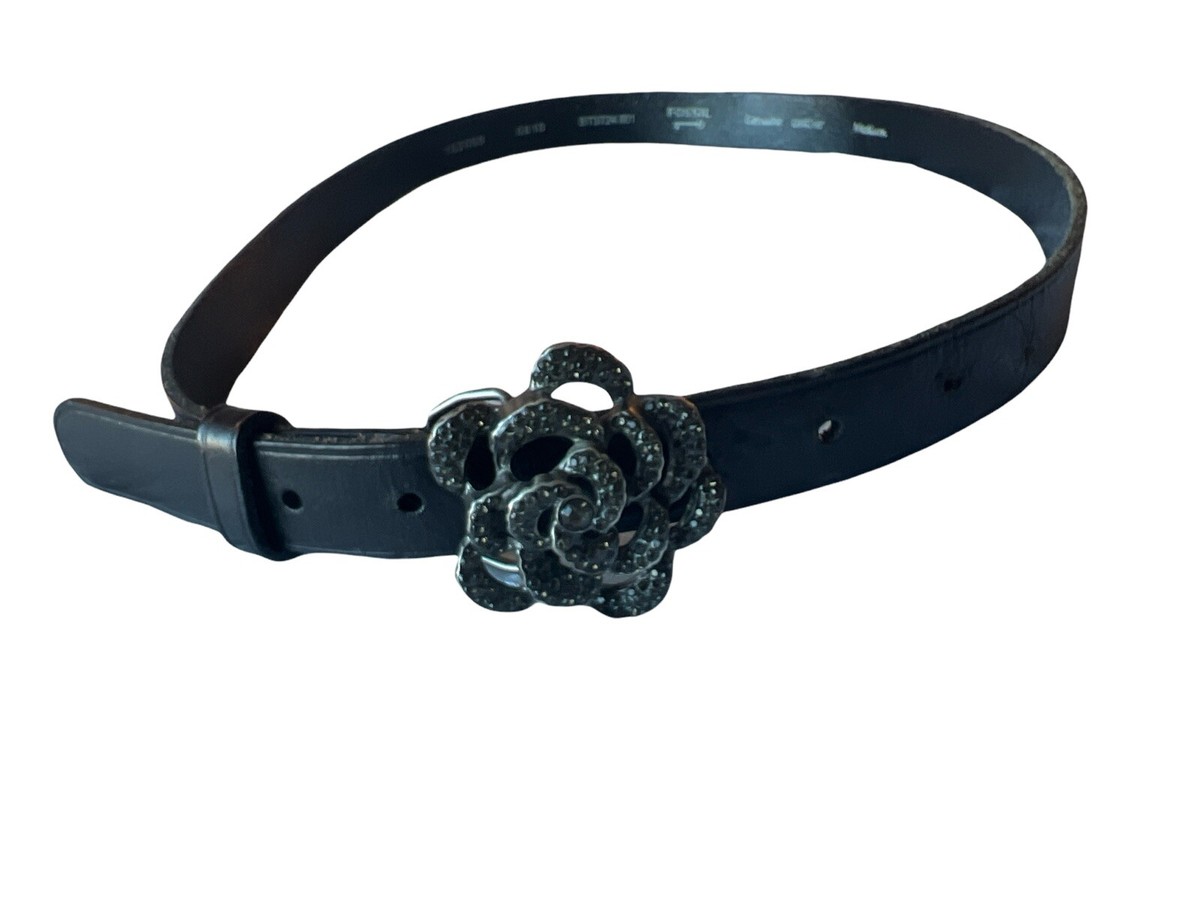 Medium Fossil Brown Leather Belt Flower Rhinestone Buckle | eBay display picture 3