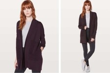 Lululemon SIT IN LOTUS WRAP II Black Cherry Merino Wool Cardigan Sweater Sz 6