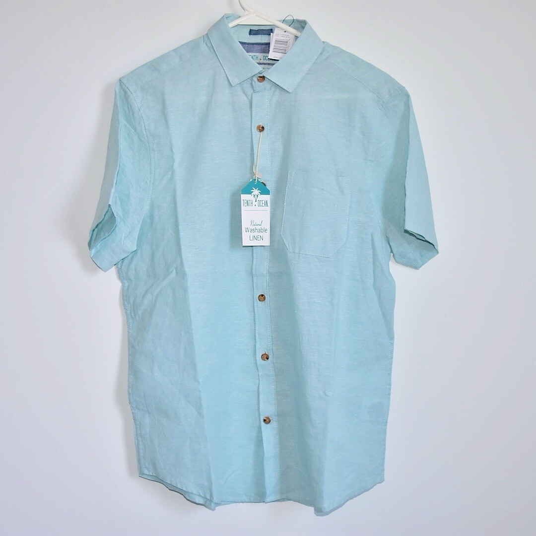 New! $50 TENTH + OCEAN Men's Linen Blend Shirt Canal Blue