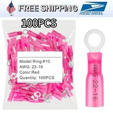 100PCS Heat Shrink Ring Terminals 10 Eyelet Wire Connectors Red 22-16 AWG US